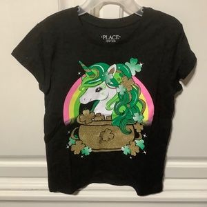 NWT girls size 5-6 black t shirt rainbow with pot of gold and unicorn
